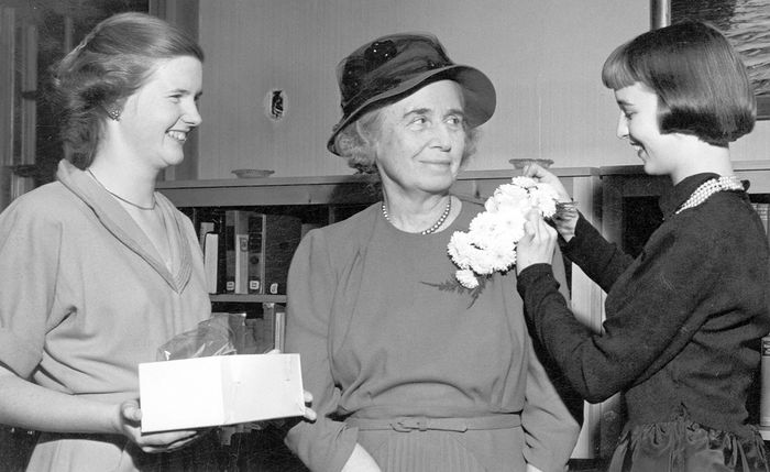 Mary Behrend receiving a corsage from Penn State Behrend students in the 1950s.