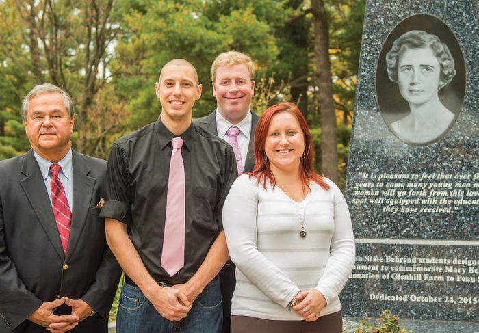 Mary Behrend’s grandson, Richard Sayre, left, with students who helped spearhead the project, from left, Ron Radovich, Brennan Zanella, and Haley Sharp.