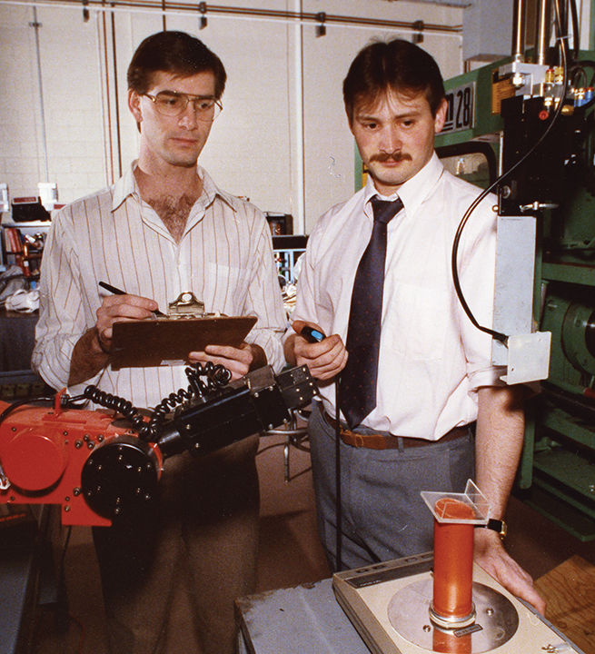 Jon Meckley, right, circa 1990, as a Plastics Engineering Technology undergraduate student, with his senior project partner Frank Perrone.