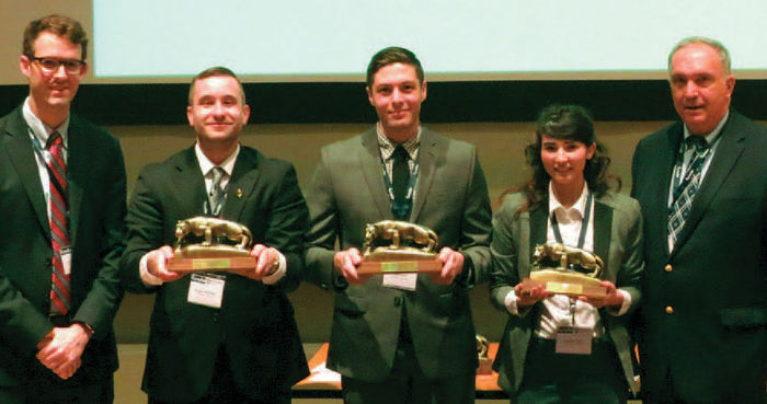 Penn State Behrend won the Case Competition at the NOBE Conference. Students are pictured with their awards, from left, Joseph Helbling, Mechanical Engineering; Matt Nicol, Project and Supply Chain Management; and Amanda Sayko, Industrial Engineering. The students are flanked by NOBE National president, Andrew Quinn, left, and Gary R. Smith, lecturer in management.