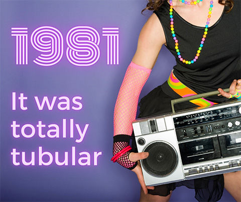 Photo of girl with boombox and text