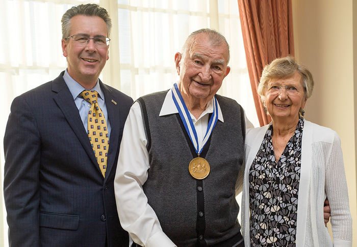 In 2021, Joe and Isabel Prischak were recipients of the college’s highest award, the Behrend Medallion, presented by Penn State Behrend Chancellor Ralph Ford, left.