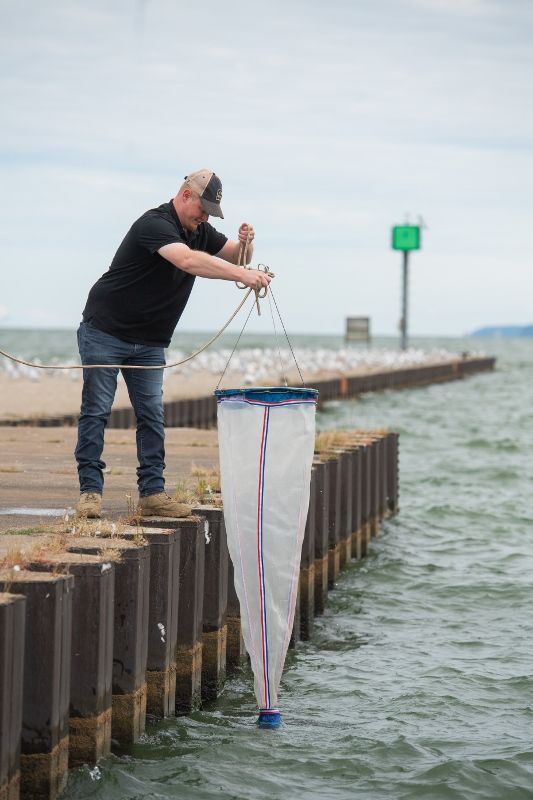 A Penn State Behrend student drops a net into Lake Erie while searching for Hemimysis anomala.