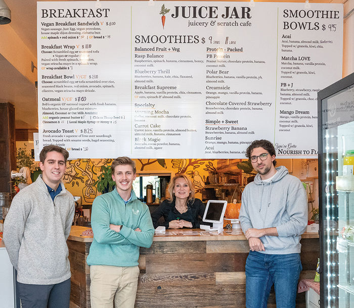 Black School of Business students, Michael Paul, Brad Dalton, and Jonas Bruno participated in an Innovation Through Collaboration project this summer. The trio helped Holly McMaster, owner of The Juice Jar in Erie, come up with solutions for some of her business challenges.