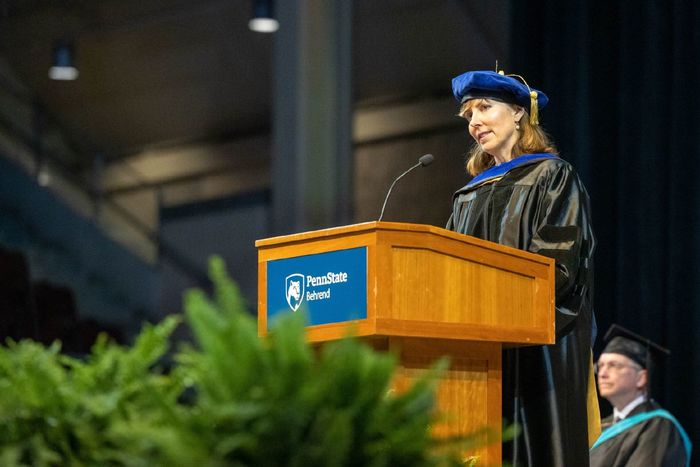 Charisse Nixon, professor of psychology, gives the commencement address at Penn State Behrend's spring 2022 commencement.