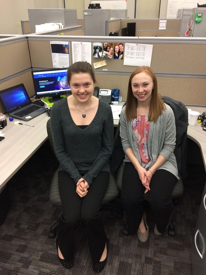 Rachael Pudimat, left, with Bridget Jenkins ’16 at All Lines Technology in Pittsburgh.