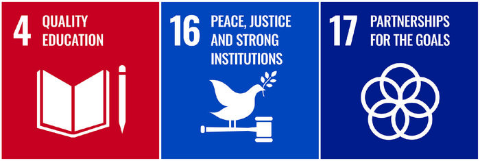 Three icon graphics illustrate the U.N. sustainability goals for education, peace and justice, and partnership.