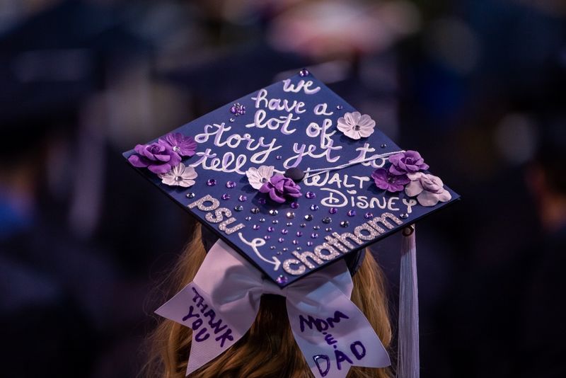 Text on a mortaboard cap at Penn State Behrend's spring commencement