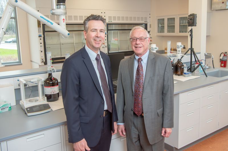 Chancellor Ralph Ford and HERO BX founder Pat Black stand in a new research lab at Penn State Behrend