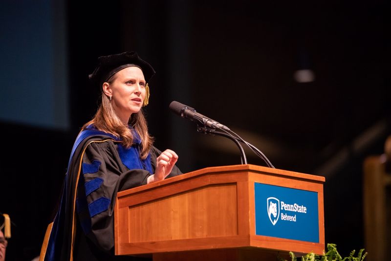 Alicyn Rhoades, assistant professor of engineering, delivers the faculty address at Penn State Behrend's spring commencement ceremony.