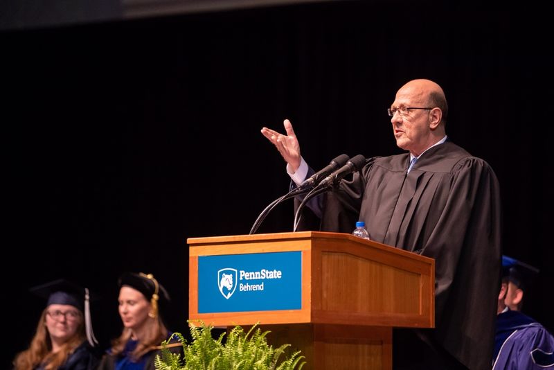 Vincent Intrieri delivers the commencement address at Penn State Behrend's 2018 spring commencement.