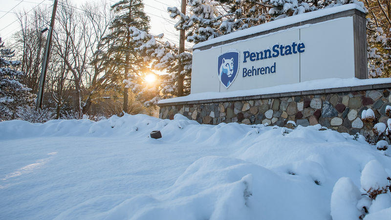 Penn State Behrend entrance sign in winter