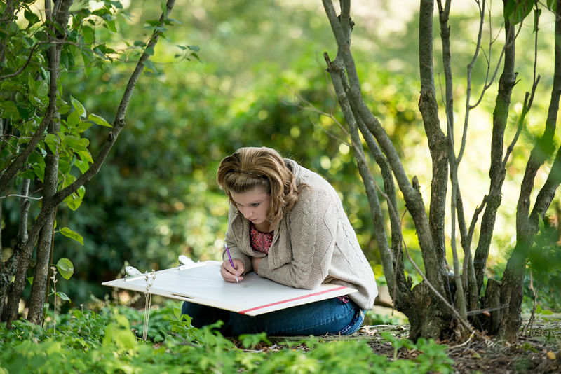 A student sits in front of a small plant and studies it with a large art book on her knees.