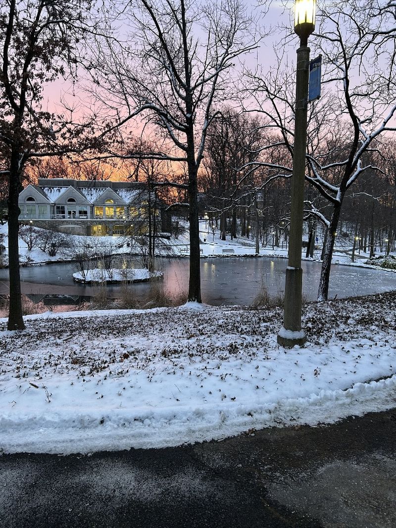A winter sunset behind a campus building