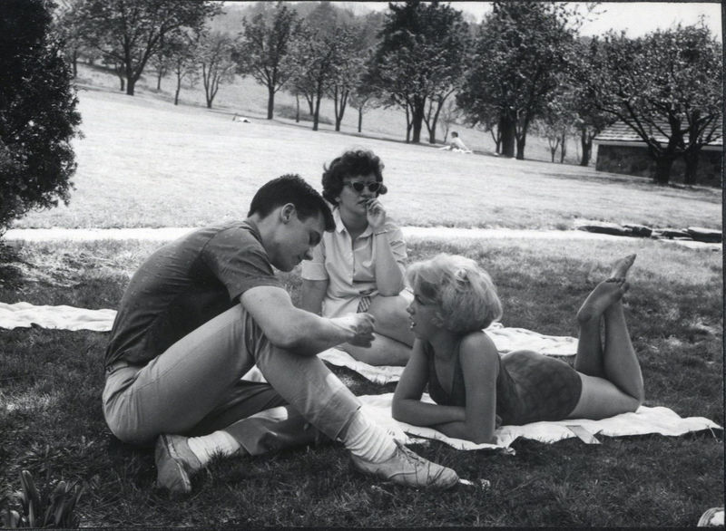 Students lounge on a lawn at Behrend Center