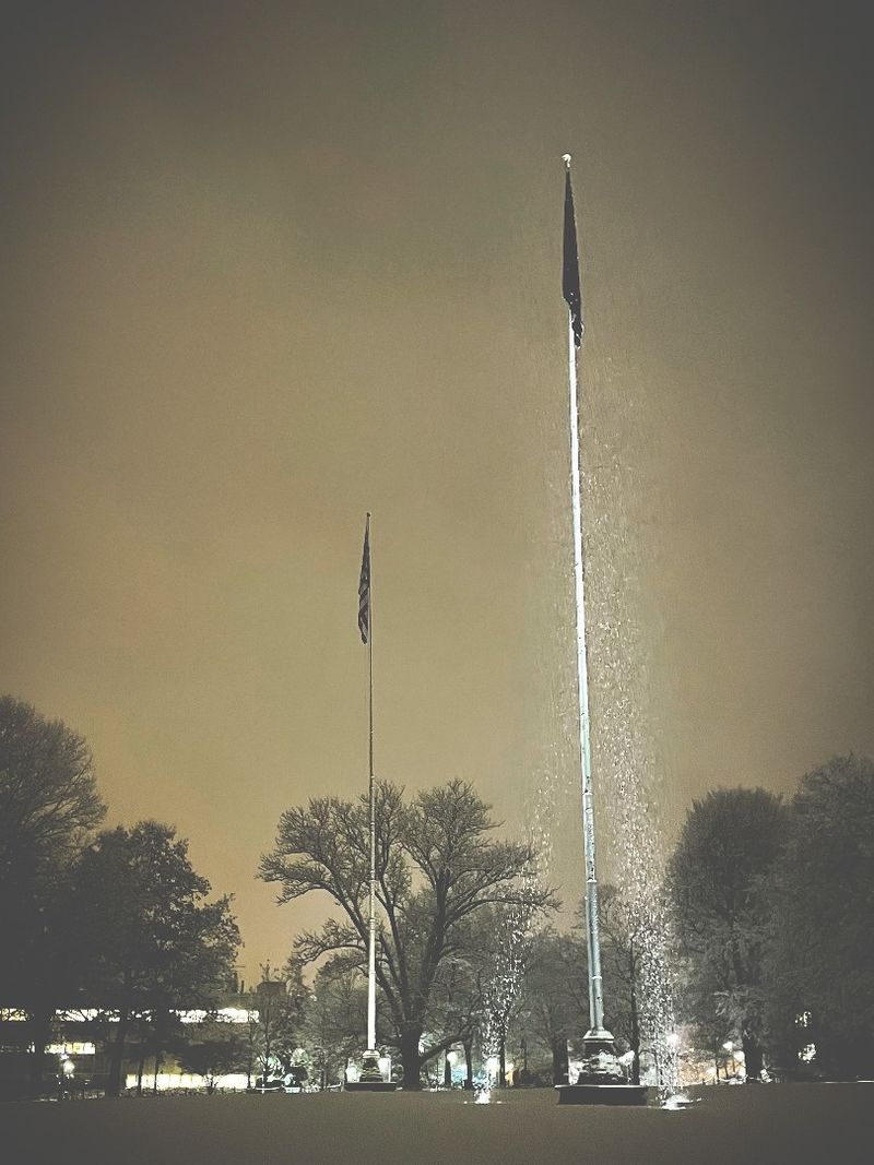 Two tall flag poles with spotlights shining on them, showing the falling snow