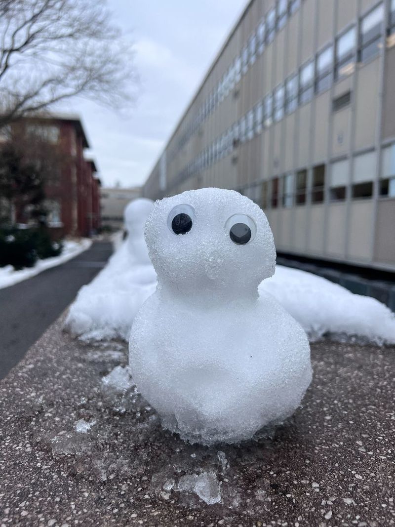A small snowman with googly eyes