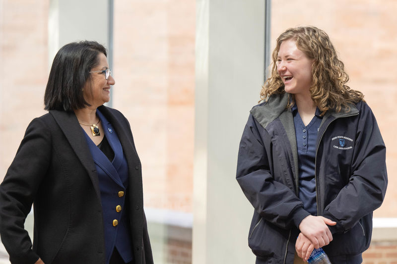 Penn State President-elect Neeli Bendapudi tours the Penn State Behrend campus with student guide Ashley Seamon.