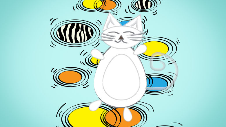An illustration of a cartoon cat standing on several different pools of color.