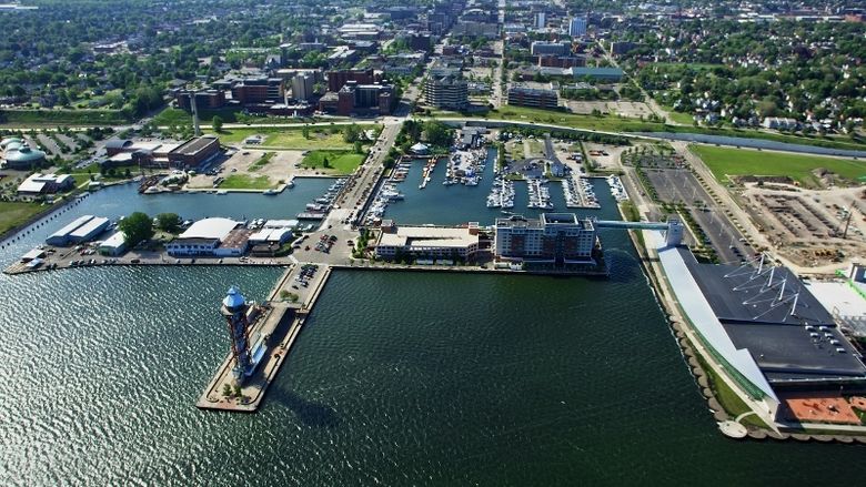 An aerial photo of Erie's bayfront.