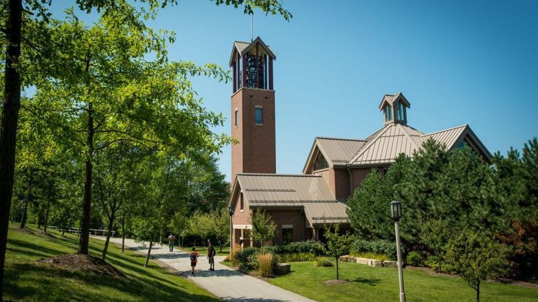 An exterior photo of the Smith Chapel and Carillon at Penn State Behrend