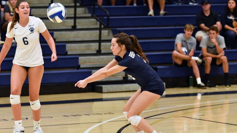 A Penn State Behrend women's volleyball player hits a dig.