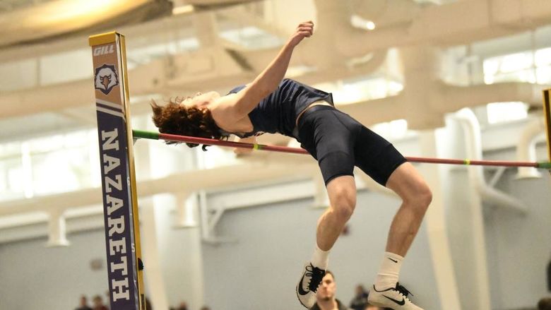 Penn State Behrend high-jumper Samuel Hetrick clears the bar during a track-and-field meet.