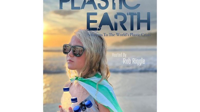 Movie poster for the Plastic Earth Documentary showing a young girl holding plastic bottles on the beach