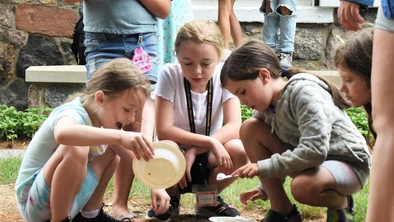 Three girls lean over a food-based science experiment outdoors at Penn State Behrend.