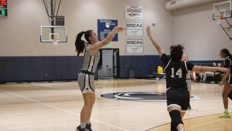 Penn State DuBois sophomore Shannon Shaw attempts a three-point shot during a recent home game against Penn State Beaver at the PAW Center