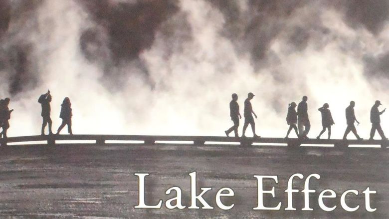 An illustration of people walking in silhouette. The image contains the words "Lake Effect," the name of Penn State Behrend's international literary journal.