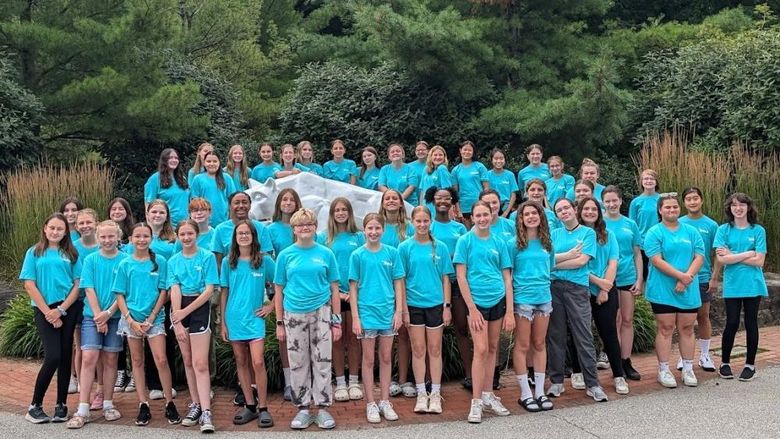 A group photo of attendees at Penn State Behrend's 2024 Wabtec Girls camp.