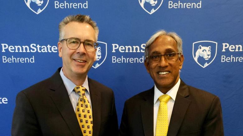 Penn State Behrend Chancellor Ralph Ford poses with GITAM Pro Vice Chancellor KNS Acharya.