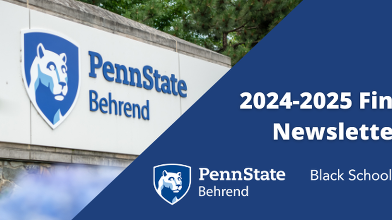 Image of Penn State Behrend Sign and 2024-25 Finance Newsletter Text