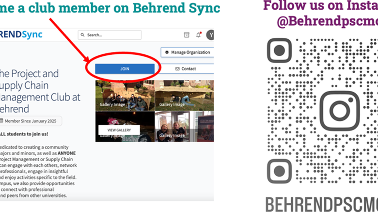 Screen shot of BehrendSYNC's PSCM Club page with arrow pointing to "Join Club" and QR Code for club Instagram Page