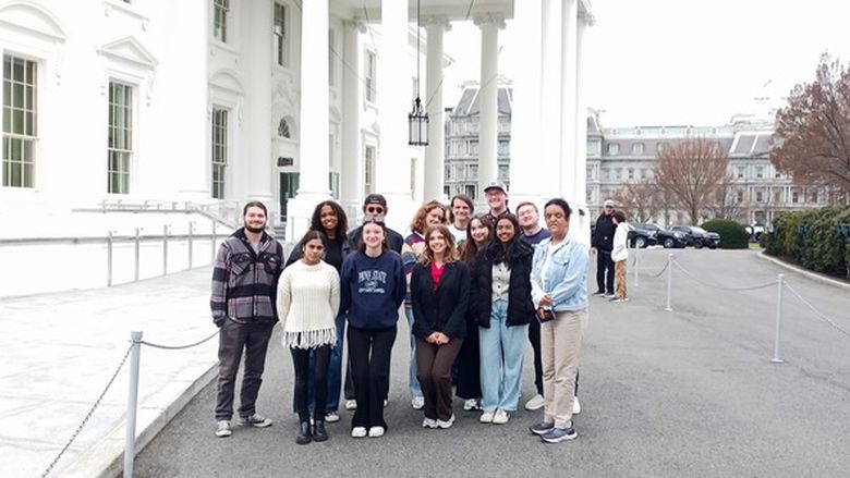 Students in front of the North Portico after a White House tour