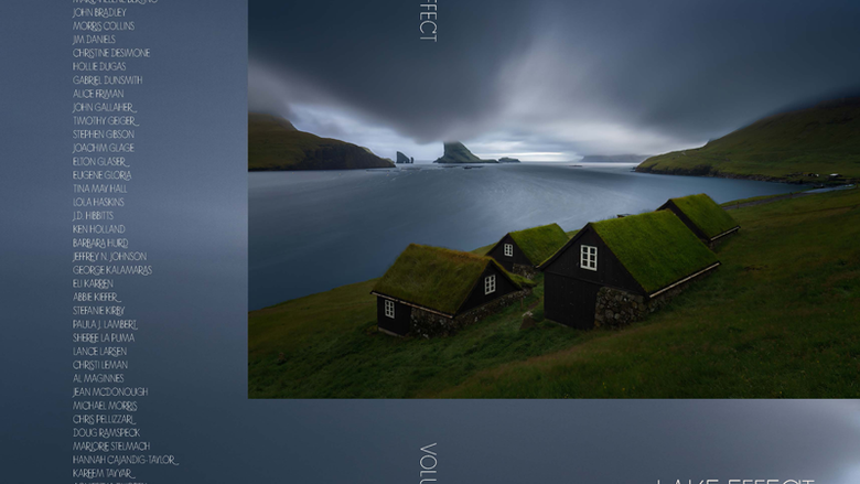 Cover of Lake Effect Vol. 29 with grass-roofed cottages on a hillside above a moody bay, and contributors listed on the left.