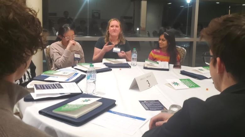 Students participate in a roundtable discussion during Penn State Behrend's leadership conference.