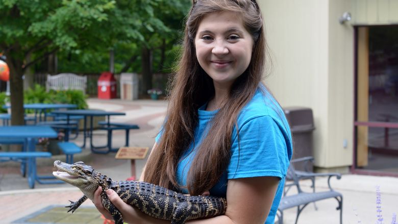 A Penn State Behrend student holds a reptile at the Erie Zoo.