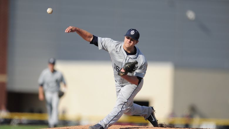 Penn State Behrend pitcher Brandon Smail throws the ball.