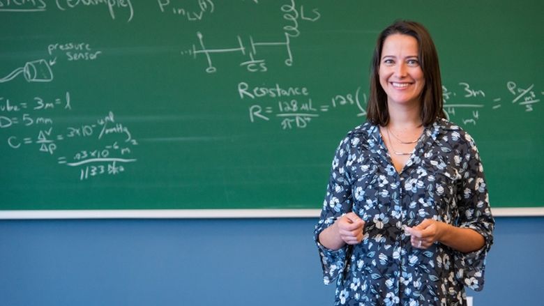 A college professor stands at a chalkboard.
