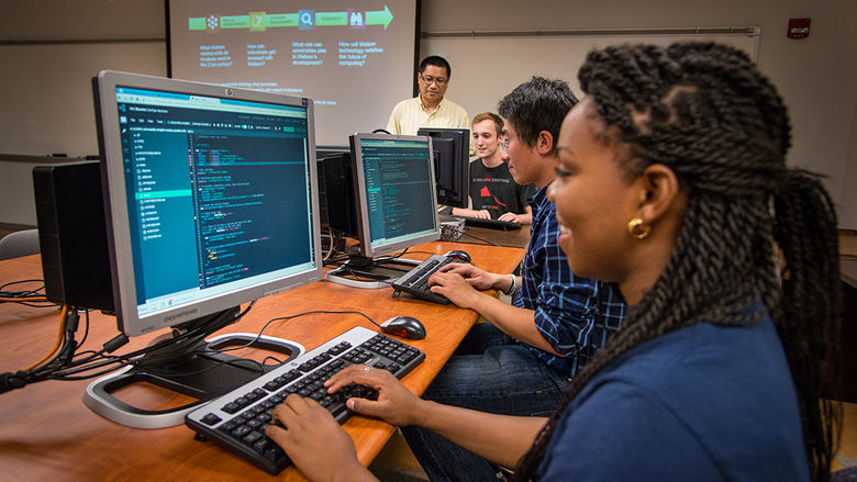 Students work in a computer lab at Penn State Behrend