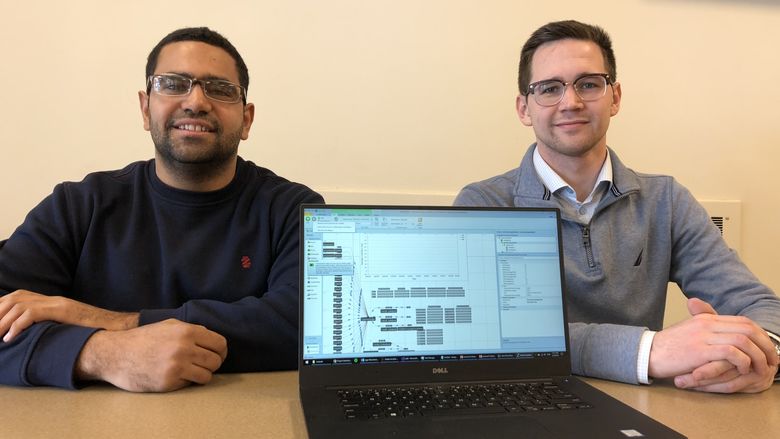 Senior industrial engineering major Mohamed Badawy, left, and Max Morrow, a senior finance and mathematics, took third place Simio Student Case Competition. 