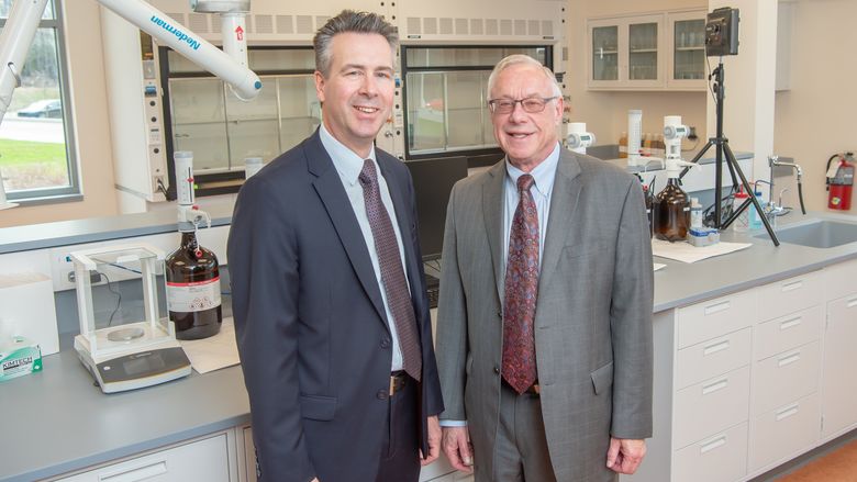 Chancellor Ralph Ford and HERO BX founder Pat Black stand in a new research lab at Penn State Behrend