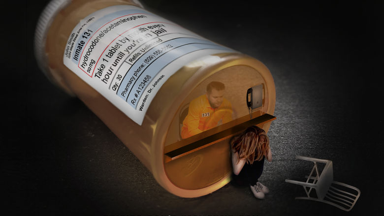 prison scene inside a pill bottle, representing the dangers of opioids