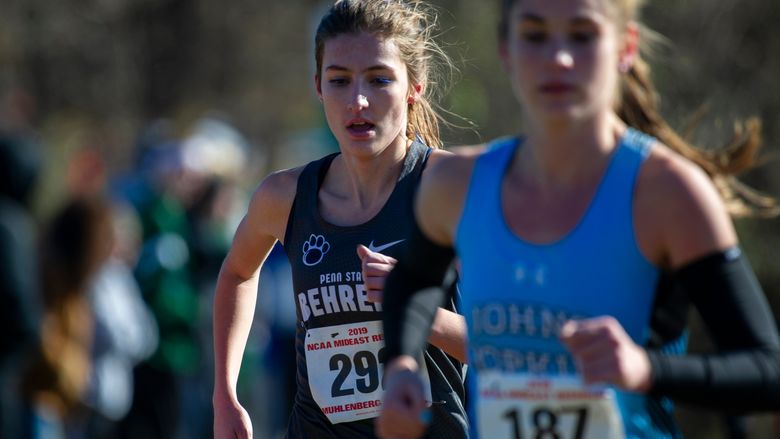 Penn State Behrend runner Savanna Carr competes in a cross country race.