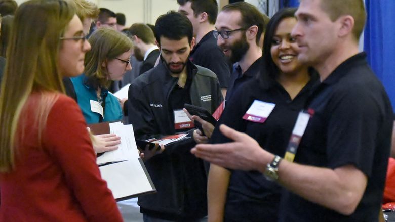 A record 186 companies attended Penn State Behrend's Spring Career and Internship Fair, held March 20 in the college’s Junker Center.