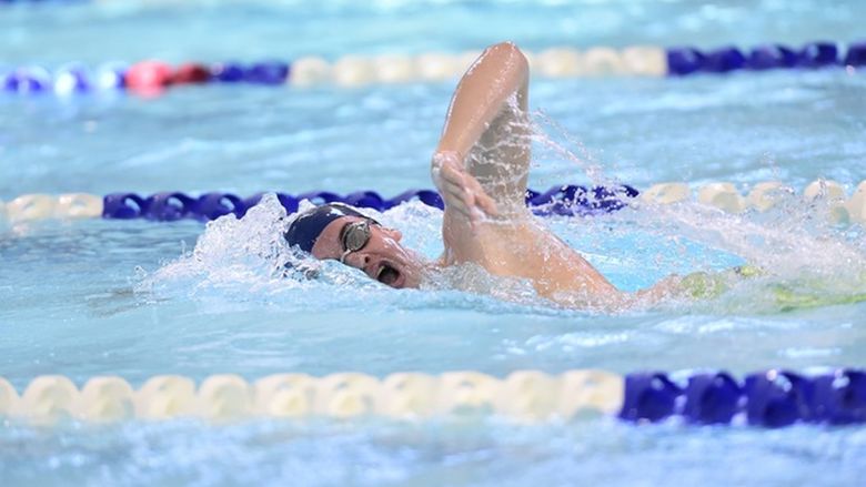 A Penn State Behrend swimmer competes in a freestyle race.