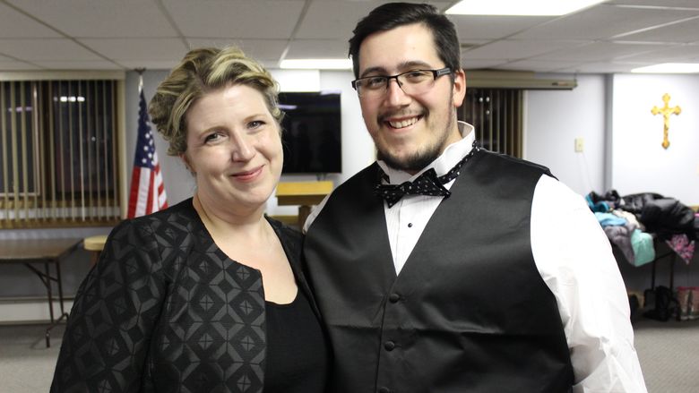 Taylor May, shown here with Gabrielle Dietrich, director of Choral Ensembles at Penn State Behrend and artistic director for YPC Erie, had never sung in a formal choir until he came to college.