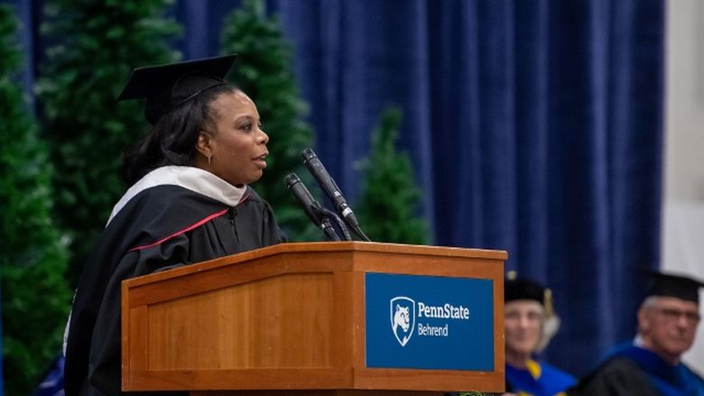 Penn State Behrend alumna Tesha Nesbit Arrington delivers the commencement address at the college's fall commencement program.